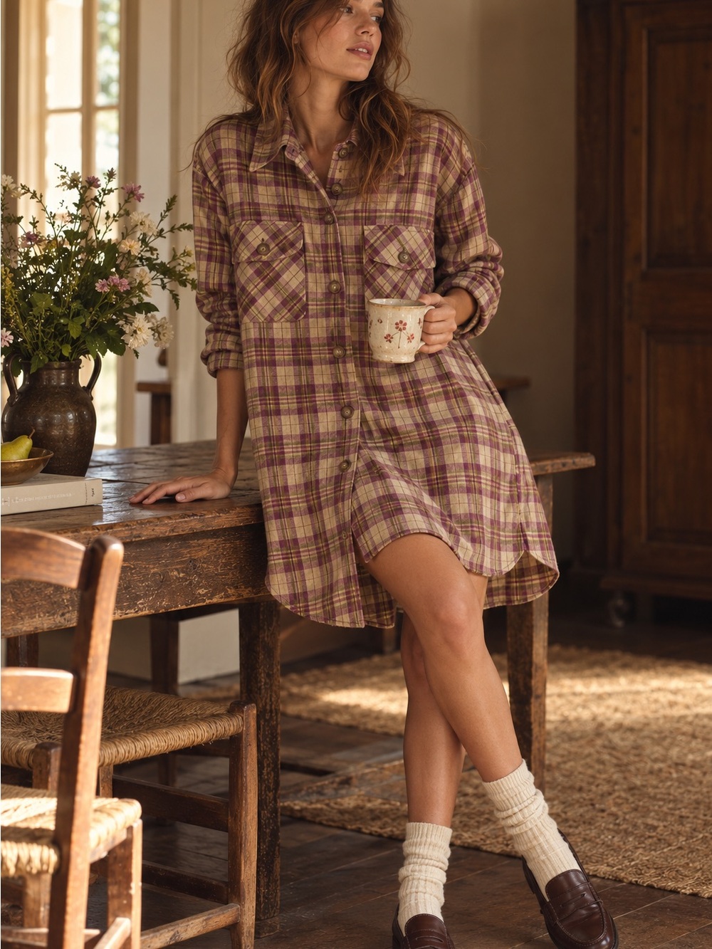 Sezane NWT Delfina Burgundy Tan Plaid Linen & Wool Shirt Dress